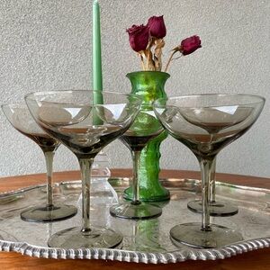5 smoked glass champagne coupe, mid century barware, champagne glasses, MCM Gift